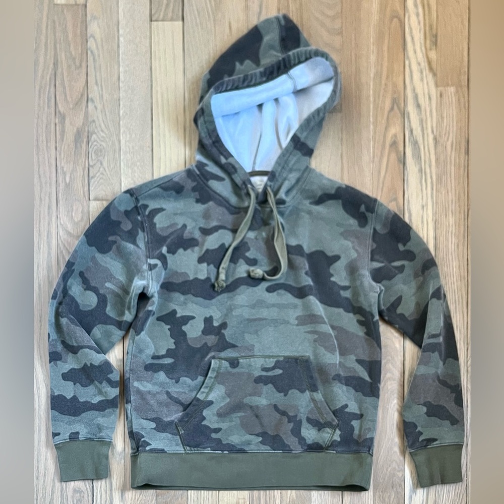 J.Crew Supercozy fleece hoodie sweatshirt in camo. Size Small. Color: Camo.